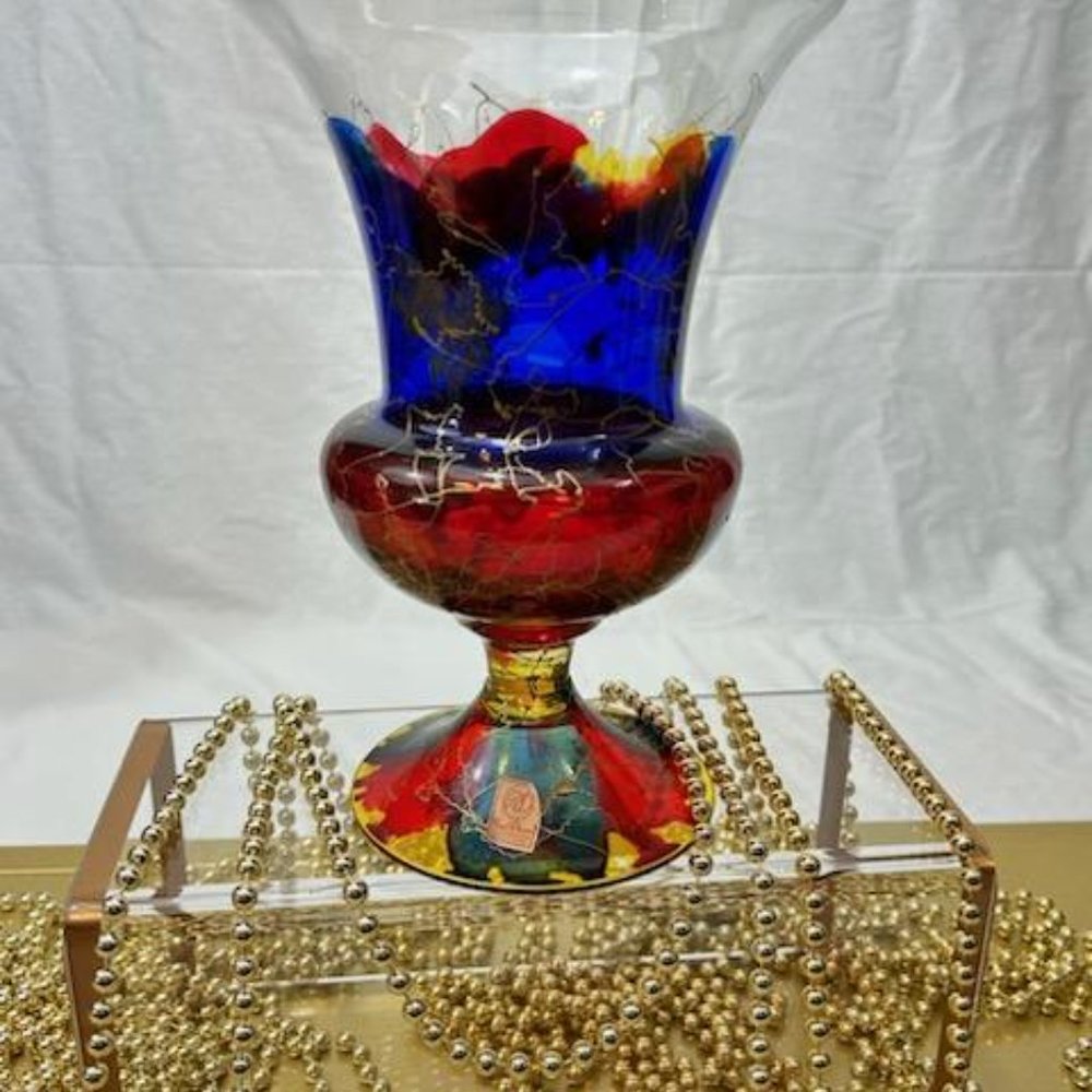 Royal Danube Hand Blown Decorated 10" x 6.5" Glass Vase Red Blue Gold - Romania